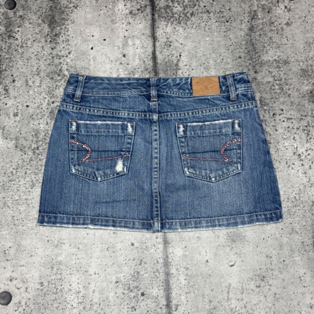 Vtg 00s/Y2K American Eagle Low Rise Denim Mini Skirt Light Wash Distressed Sz 0